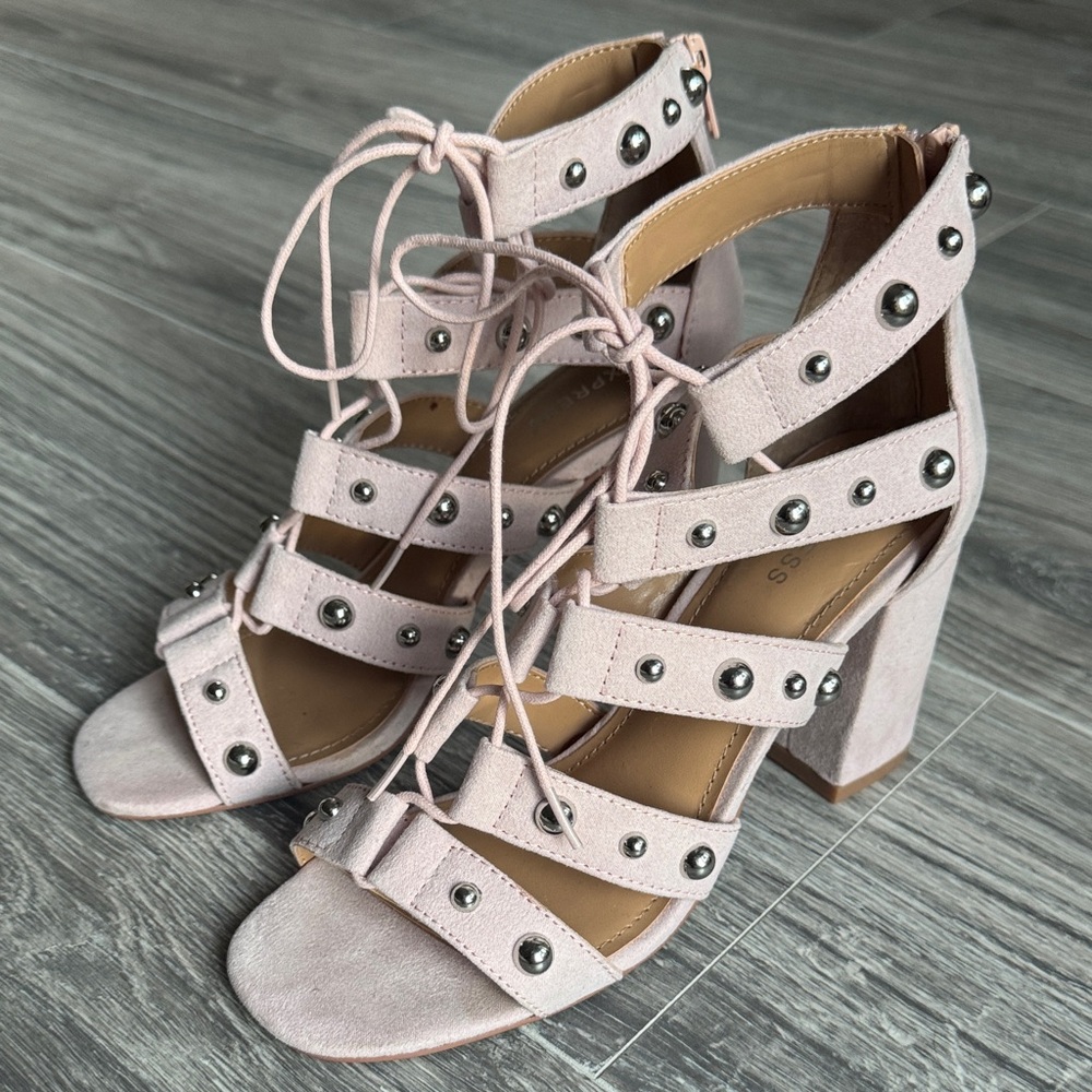 Express Studded Lace-Up Block Heel Sandals Size 6 | Blush Pink Suede